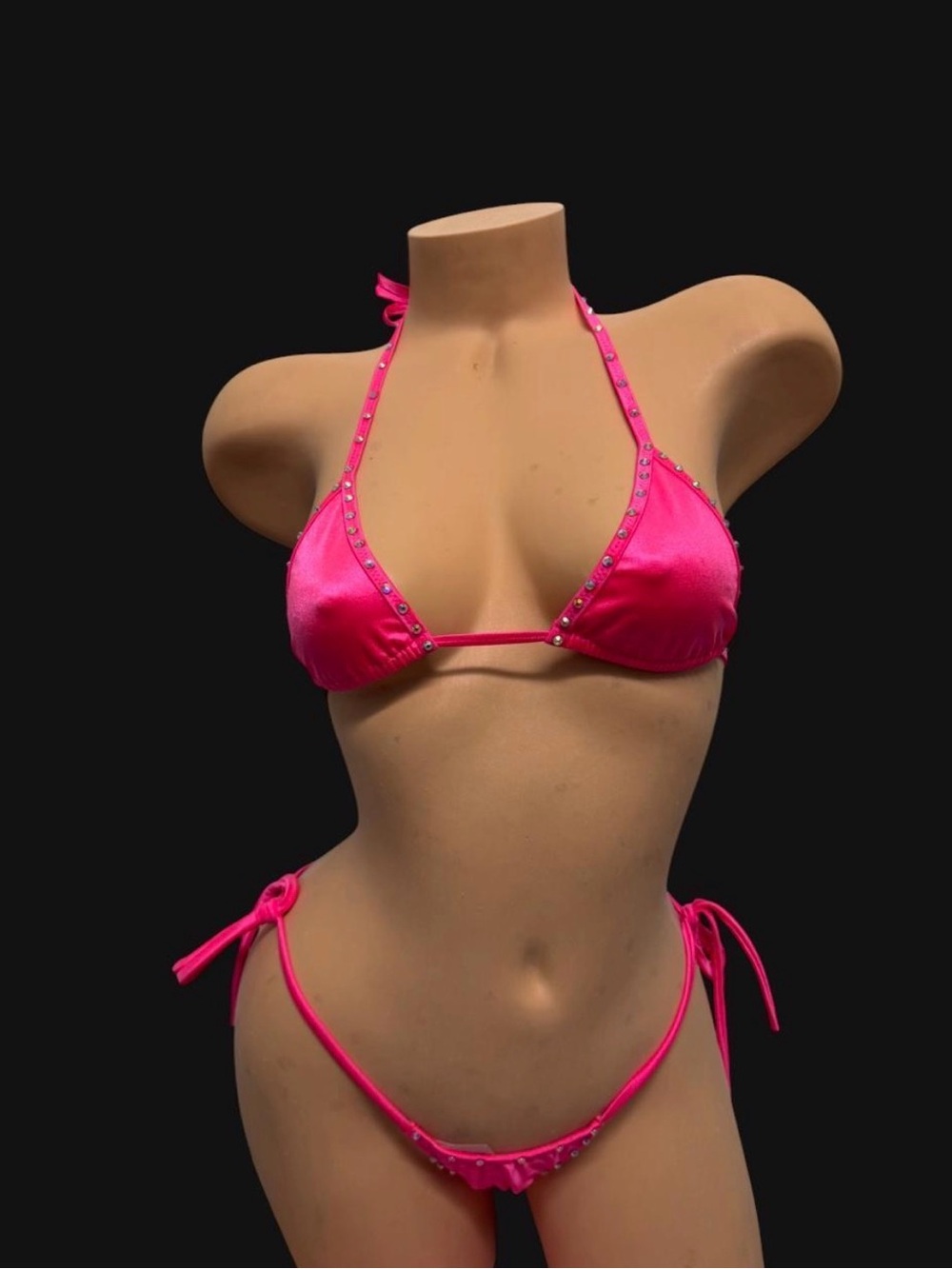 Hot Pink Studded Triangle Bikini Set - Women Swim